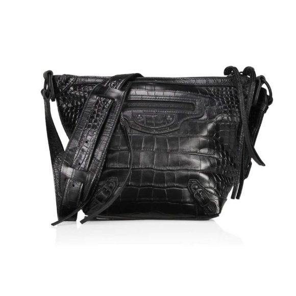 Balenciaga Handbags - Balenciaga XS Neo Classic Croc-Embossed Leather Hobo Bag Black